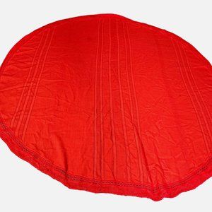 Holiday Christmas Round Tablecloth Cotton Linen 62" Diameter Red Fringe Striped